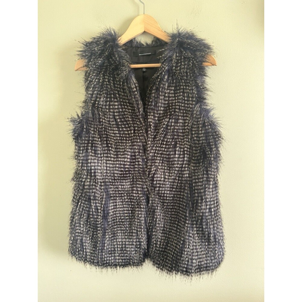 White House Black Market Womens Faux Fur Feathered Blue/Black Vest Size Xs